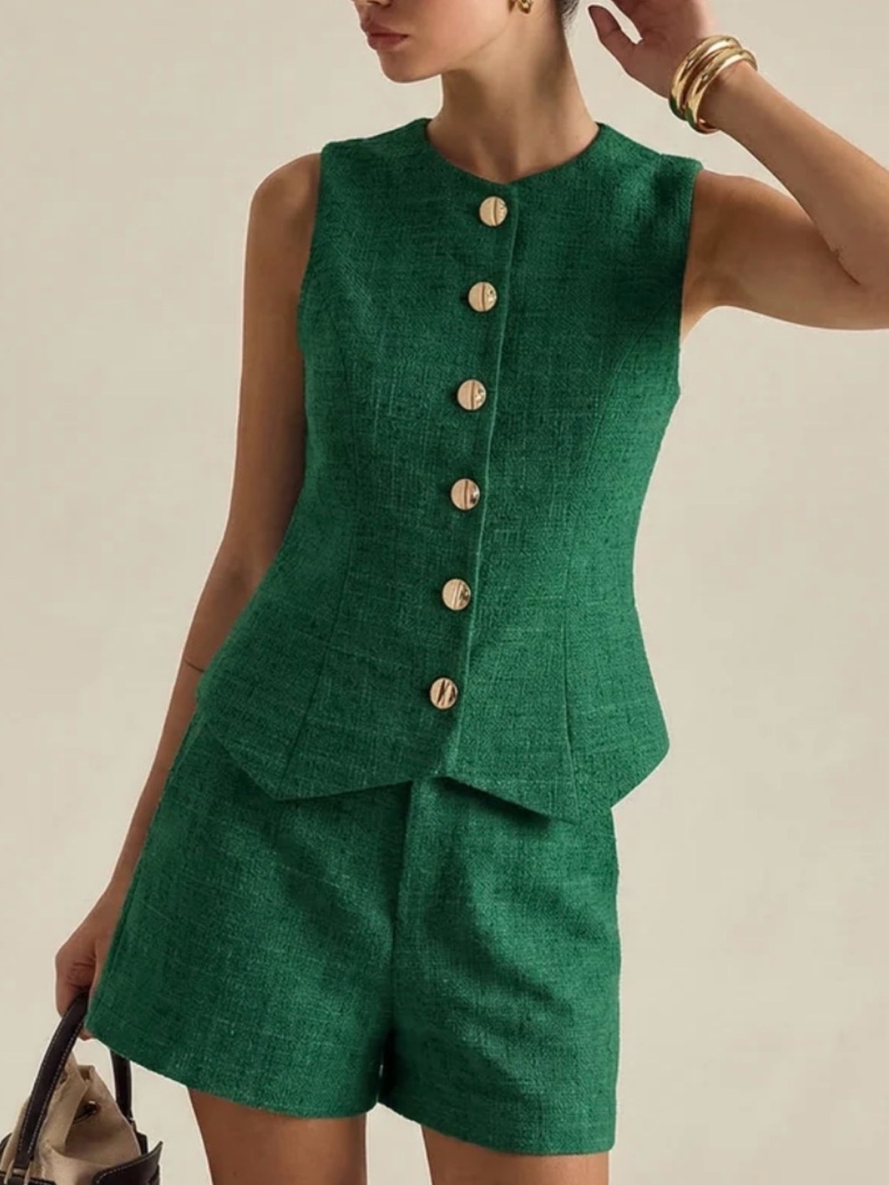 Commense Emerald Green Tweed Button-Front Short set